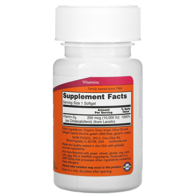 Витамин D3 NOW Foods (Vitamin D3) 10000 МЕ 240 капсул NOW00385 - изображение 4