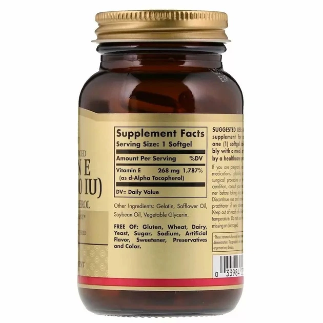 Витамин E Solgar натуральный d-alpha токоферол (Vitamin E) 400 ME 100 капсул SOL03521 - изображение 3