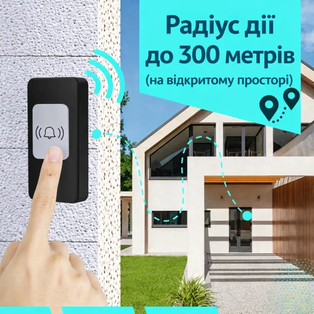 Бездротовий дверний дзвінок, 1 кнопка та 2 приймачі, до 300 м, 55 мелодій, регулювання гучності 10–95 дБ, чорний - Фото 2 Бездротовий дверний дзвінок, 1 кнопка та 2 приймачі, до 300 м, 55 мелодій, регулювання гучності 10–95 дБ, чорний - зображення 2