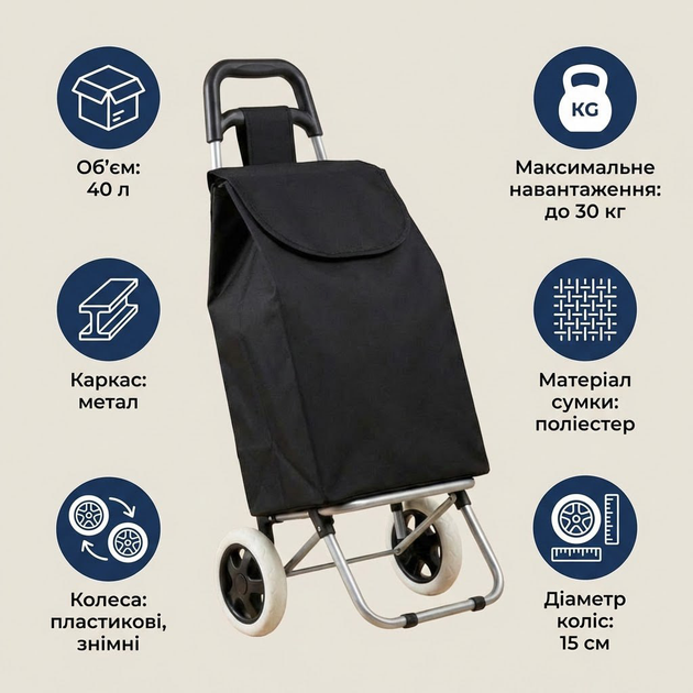 Сумка хозяйственная тележка продуктовая сумка-тележка для перевозки водостойкая 40л черная - изображение 2
