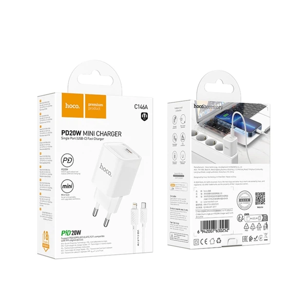 Зарядний комплект Hoco C146A Mini Charger 1USB-C PD/QC 20W (5V/3A) кабель Type-C to Lightning 1 метр Білий - Фото 2 Зарядний комплект Hoco C146A Mini Charger 1USB-C PD/QC 20W (5V/3A) кабель Type-C to Lightning 1 метр Білий - зображення 2