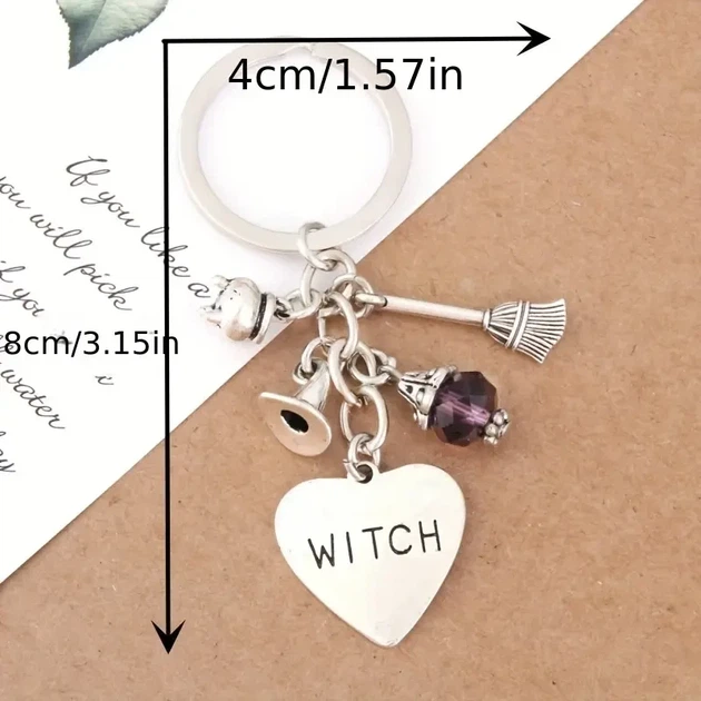 Брелок-ключница «WITCH» с метлой, шляпой, бусиной и подвесками в готическом стиле - изображение 4