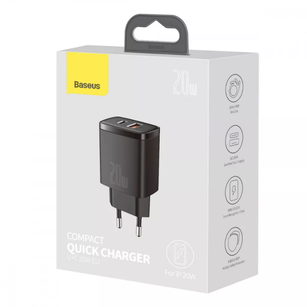 Сітчасте зарядне пристрій Baseus Compact Quick Charger 20W QC+PD 1Type-C + 1USB Чорний - Фото 3 Сітчасте зарядне пристрій Baseus Compact Quick Charger 20W QC+PD 1Type-C + 1USB Чорний - зображення 3