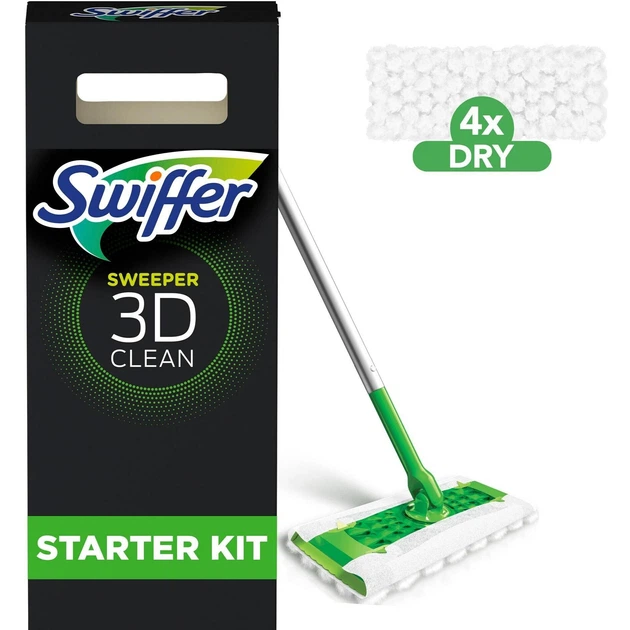 Швабра 3 D Thicker +4 шт сухих серветок для сухого прибирання (захоплюють та утримують пил ) та вологого прибирання Swiffer Kit Mop 3D clean (зелена) - изображение 3