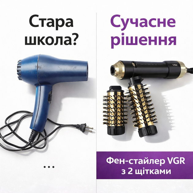 Професійний фен-щітка стайлер VGR V-480 Black Edition (1200 Вт) — мультистайлер для об'єму та укладання волосся з функцією іонізації - зображення 3