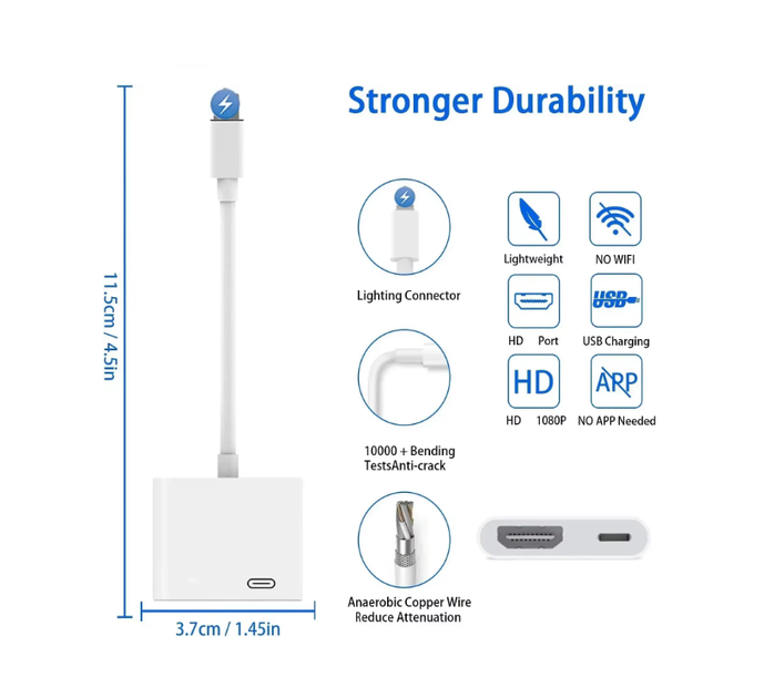 HDMI адаптер перехідник 2 в 1 для підключення iPhone Ipad до екрану телевізора, монітора, дисплея, проектора. - зображення 3