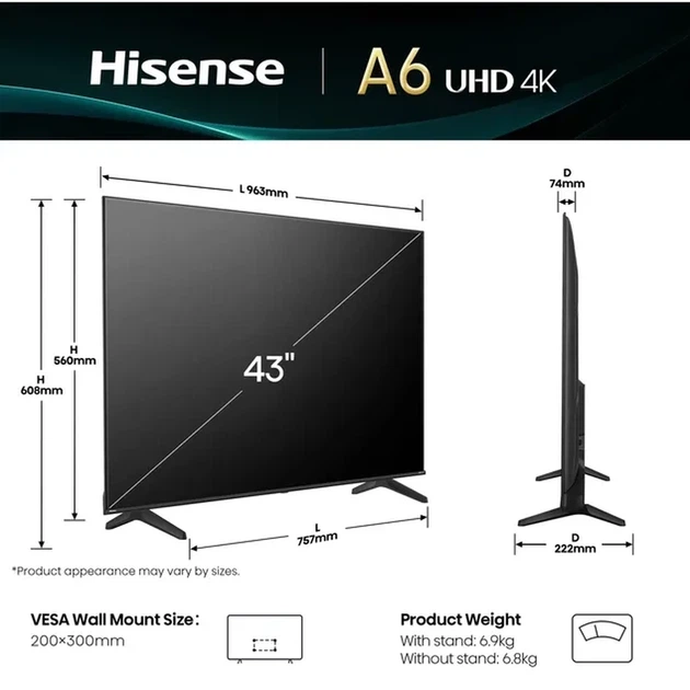 Телевізор LED HISENSE 43A6Q - Фото 2 Телевізор LED HISENSE 43A6Q - зображення 2