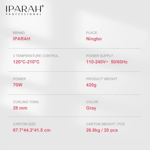 Плойка IPARAH P-205, 28 mm, 120-210 °C, керамічне покриття, LED-дисплей, 70W - зображення 5