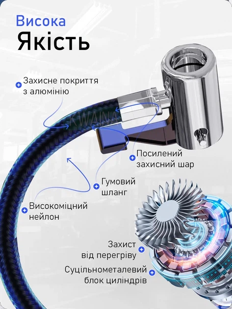 Портативный втомобильный компрессор от USB с дисплеем и насадками для шин, насос с манометром, электронасос для подкачки колес авто - изображение 2