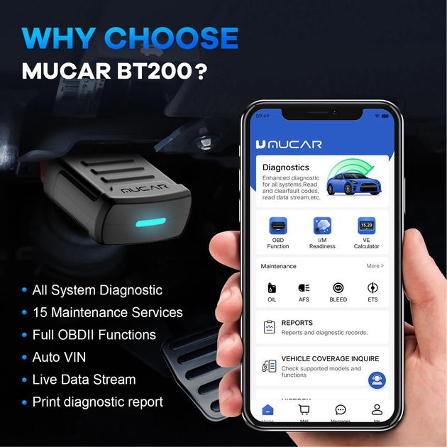 Мультимарковий автосканер MUCAR BT200 Bluetooth OBD2 для повної діагностики автомобіля - Фото 5 Мультимарковий автосканер MUCAR BT200 Bluetooth OBD2 для повної діагностики автомобіля - зображення 5