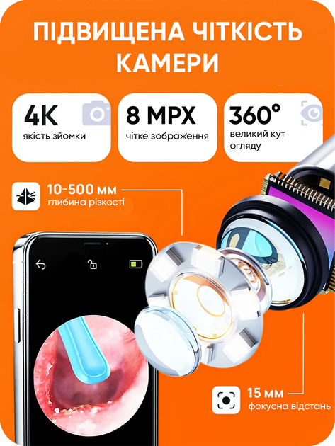 Отоскоп для ушей с камерой эндоскоп камера чистки ушная палочка набор для детей взрослых смартфона usb телефона удаление ушной серы безопасный гибкий беспроводной прибор HD осмотр с подсветкой приложение запись фото видео otoscope комплект насадок ANSHE - изображение 3