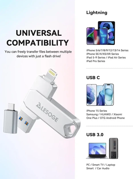 USB-накопитель LESOGE Apple MFi Certified USB Flash Drive 128 ГБ, Amazon, Германия - Фото 4 USB-накопитель LESOGE Apple MFi Certified USB Flash Drive 128 ГБ, Amazon, Германия - изображение 4