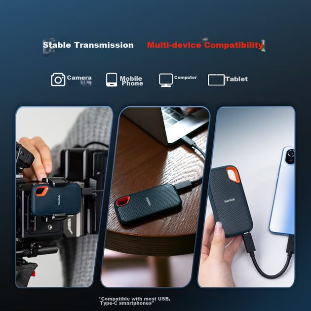 Портативный твердотельный накопитель SanDisk 500 ГБ NVMe E61 Ultimate Extreme Edition SSD, скорость чтения 1050 МБ/с, прямое подключение к телефону, внешний жесткий диск для ноутбука. - изображение 5