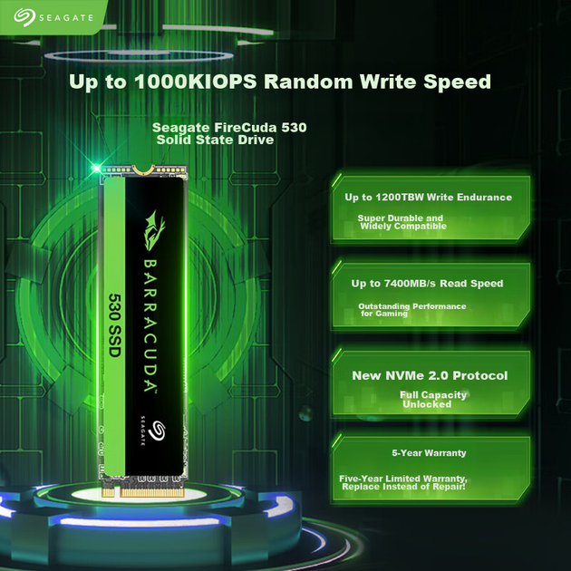 Твердотельный накопитель SEAGATE 1 ТБ SSD M.2 NVMe PCIe4.0×4. Скорость чтения до 7400 МБ/с. SEAGATE Kujiu530 ZP1024CM3A003 - Фото 4 Твердотельный накопитель SEAGATE 1 ТБ SSD M.2 NVMe PCIe4.0×4. Скорость чтения до 7400 МБ/с. SEAGATE Kujiu530 ZP1024CM3A003 - изображение 4