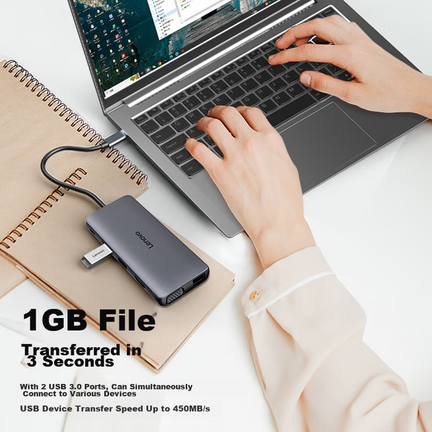 USB-хаб Lenovo 0801Pro 11-в-1 Type-C PD, USB 3.0, HDMI, VGA, Ethernet, кардрідер - зображення 3
