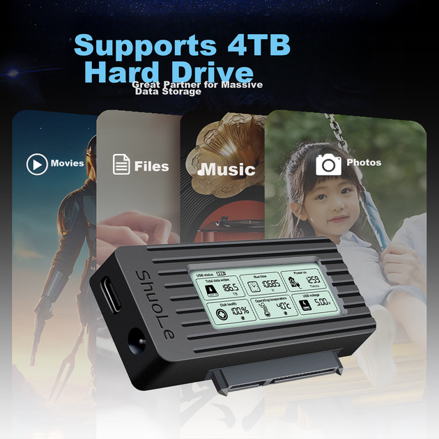 Перехідник-адаптер Shuole U25C-L USB 3.2 – SATA для HDD/SSD 2.5"/3.5" з LCD екраном - зображення 7