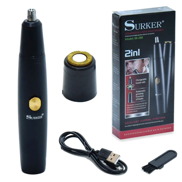 Триммер для носа и ушей SURKER SK-288 с USB зарядкой 2 насадки нержавеющая сталь черный - изображение 8