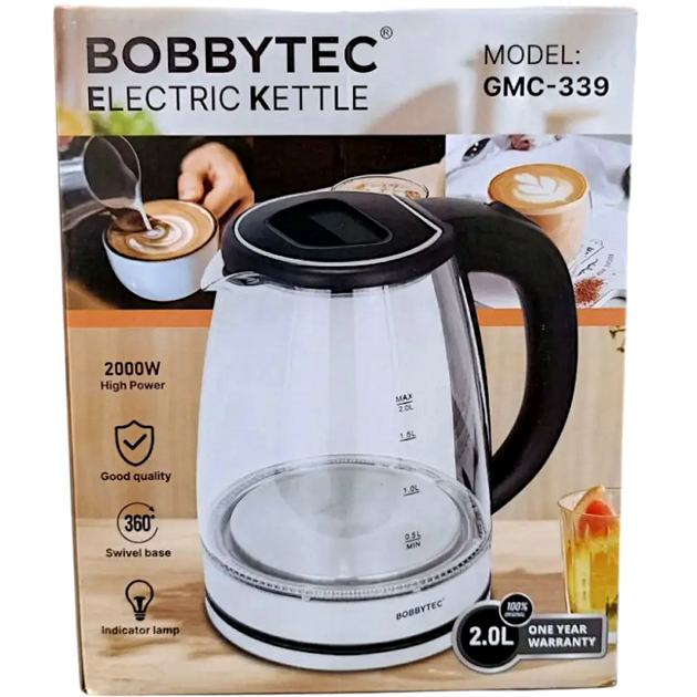 Електрочайник BOBBYTEC GMC-339 2 л 2000 Вт скляний електричний чайник з LED підсвічуванням чайник з автовідключенням електрочайник зі скляною колбою чайник з поворотною підставкою 360 градусів для дому та офісу - изображение 6