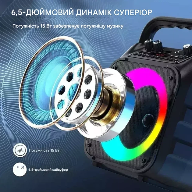 Караоке-машина K9-M с двумя беспроводными микрофонами и LED-подсветкой черная 29х17,7 см - изображение 2
