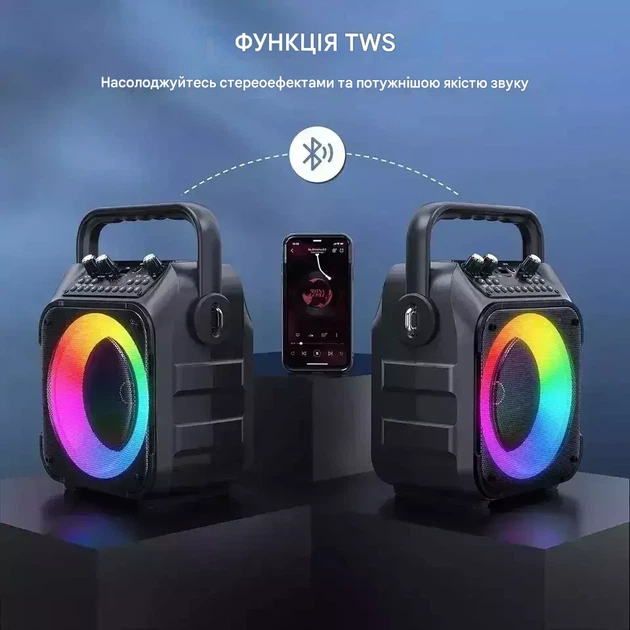 Караоке-машина K9-M с двумя беспроводными микрофонами и LED-подсветкой черная 29х17,7 см - изображение 4