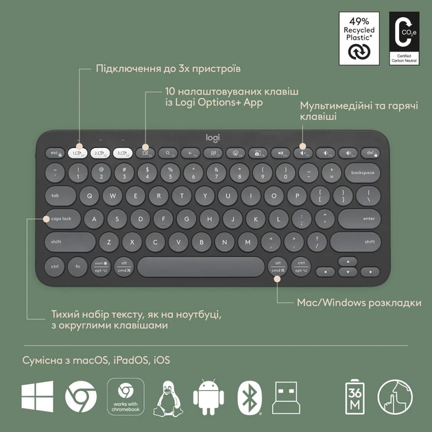Комплект клавіатура + миша Logitech Pebble 2 бездротовий сірий (L920-012239) - зображення 6
