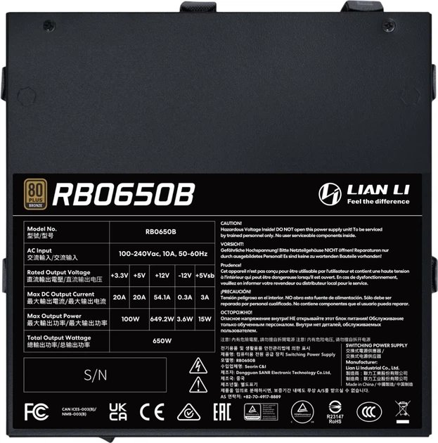 Блок живлення Lian Li RB0650B 650 Вт 80 Plus Bronze Black (G9P.RB0650B.B000.EU) - зображення 2