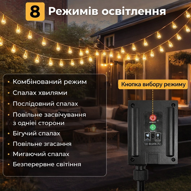 Уличный и домашний LED светильник на солнечной батарее 8 м, 20 ламп, 200 LED, Solar, для сада, вечеринки, балкона, двор, свадьба - изображение 3