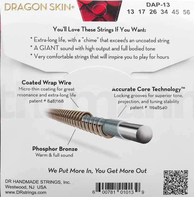 Струни для акустичної гітари DR DAP-13 Dragon Skin Coated 13/56 - Фото 2 Струни для акустичної гітари DR DAP-13 Dragon Skin Coated 13/56 - зображення 2