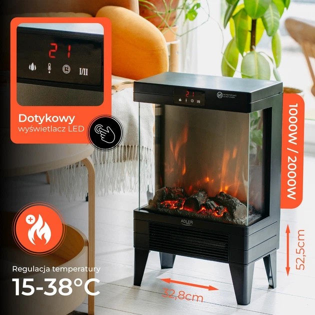 Kominek elektryczny Adler AD 7755 LED 1000 W/2000 W z pilotem i efektem 3D płomienia (5905575910066) - obraz 10