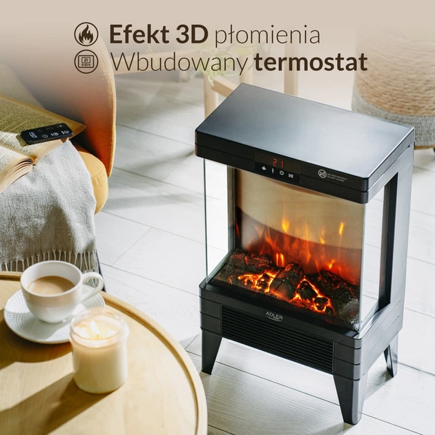 Kominek elektryczny Adler AD 7755 LED 1000 W/2000 W z pilotem i efektem 3D płomienia (5905575910066) - obraz 12