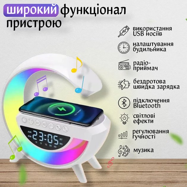 Настільна лампа нічник Розумний світильник 6в1 з блютуз колонкою і годинником Білий - зображення 2