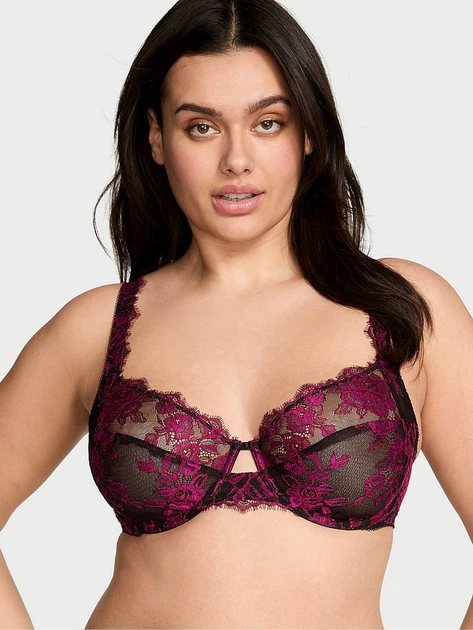Комплект Victoria’s Secret Very Sexy Full Cup Support Rose Lace Unlined Bra Чорний з бордовим 34D-S - изображение 6