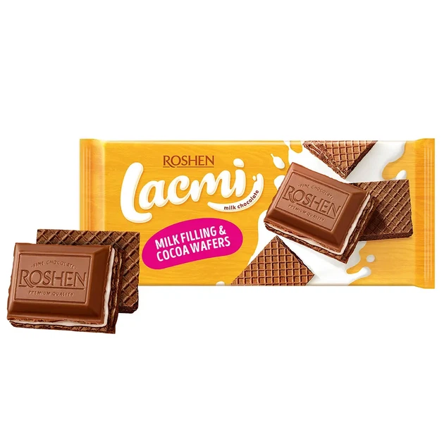 Упаковка шоколаду Roshen Lacmi молочний з молочною начинкою та вафлею 90 г х 12 шт - зображення 2