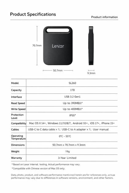 Внешний Pocket SSD 1TB Lexar SL260 USB-C / USB-A портативный накопитель для iPhone, Android, Mac и Windows - Фото 2 Внешний Pocket SSD 1TB Lexar SL260 USB-C / USB-A портативный накопитель для iPhone, Android, Mac и Windows - изображение 2