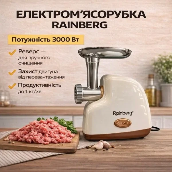 Електрична м'ясорубка Rainberg RB-2319 3000 Вт бежева - Фото 2 Електрична м'ясорубка Rainberg RB-2319 3000 Вт бежева - зображення 2