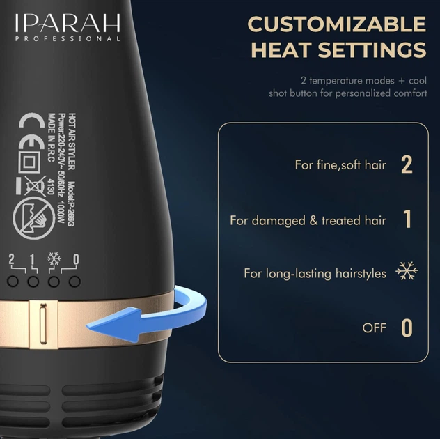 Стайлер IPARAH P266 4 в 1 – професійна фен-щітка для об’єму, сушки, укладки та локонів, 1000 Вт, 2 температури + холодний обдув, 4 насадки, Синій - Фото 4 Стайлер IPARAH P266 4 в 1 – професійна фен-щітка для об’єму, сушки, укладки та локонів, 1000 Вт, 2 температури + холодний обдув, 4 насадки, Синій - изображение 4