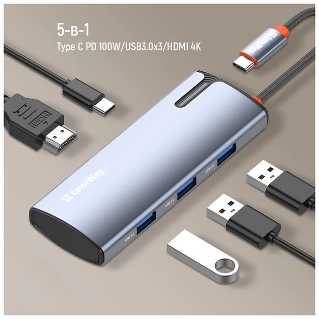 Порт-репликатор ColorWay Docking Station USB-C 5-в-1 Type C PD 100W/USB3.0х3/HDMI 4К - изображение 10