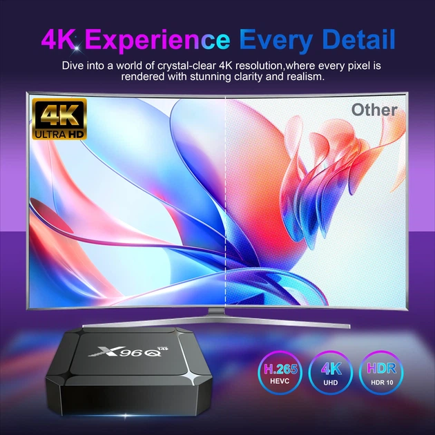 Смарт ТВ приставка X96Q 2/16 GB Android TV 14 Rockchip RK3518 с Bluetooth-пультом и голосовым поиском| 4K HDR медиаплеер с AV1 на андроид | Smart TV Box | ТВ Бокс с WiFi6 2.4 и 5ГГц + YouTV Максимальный | ТВ каналы | Фильмы и Сериалы - изображение 8