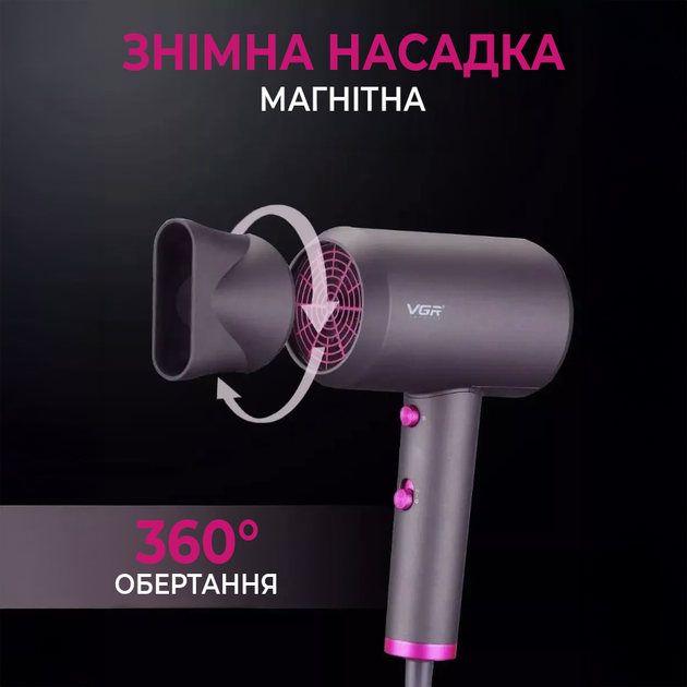 Фен для волос VGR-V400 2000 Вт профессиональный с ионизацией воздуха и концентратором Серый - изображение 3