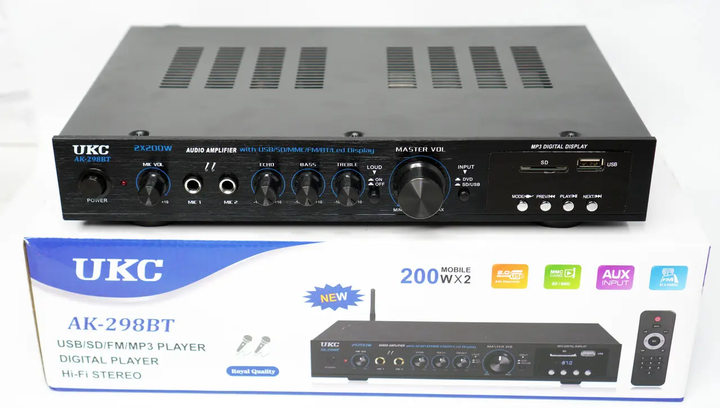 Підсилювач звука 2x200W Bluetooth + КАРАОКЕ 2мікрофони UKC AK-298BTB - изображение 6