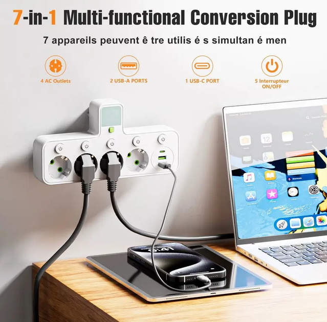 Сітковий фільтр, перехідник, адаптер 10A 2500 W 8625UL LED, 4-220 V, 2-USB, 1-Type-C - зображення 3