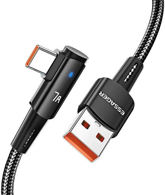 Кабель ESSAGER Sunset Bend USB 2.0 to USB-C 90˚ 100W 7A 2m Black (EXCWT7A-CGA01-P) - Фото 1 Кабель ESSAGER Sunset Bend USB 2.0 to USB-C 90˚ 100W 7A 2m Black (EXCWT7A-CGA01-P) - изображение 1