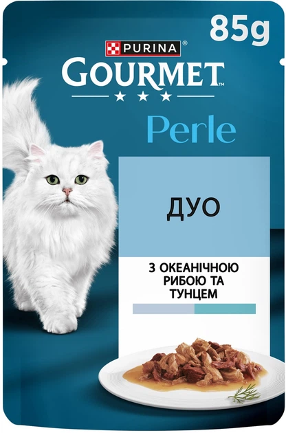 Упаковка влажного корма для котов Purina Gourmet Perle Duo с океанической рыбой и тунцом мини филе в подливке 26 шт по 85 г (8445291188105) - Фото 2 Упаковка влажного корма для котов Purina Gourmet Perle Duo с океанической рыбой и тунцом мини филе в подливке 26 шт по 85 г (8445291188105) - изображение 2