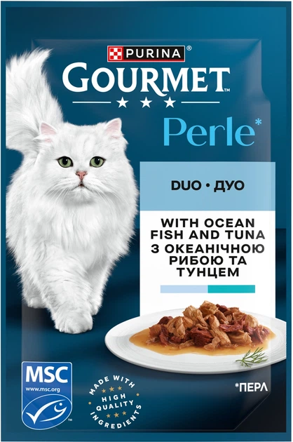 Упаковка влажного корма для котов Purina Gourmet Perle Duo с океанической рыбой и тунцом мини филе в подливке 26 шт по 85 г (8445291188105) - Фото 3 Упаковка влажного корма для котов Purina Gourmet Perle Duo с океанической рыбой и тунцом мини филе в подливке 26 шт по 85 г (8445291188105) - изображение 3