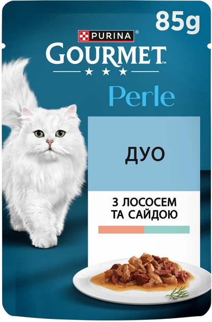 Упаковка влажного корма для котов Purina Gourmet Perle Duo с лососем и сайдой мини филе в подливке 26 шт по 85 г (7613287601889 / 8445291188235) - Фото 2 Упаковка влажного корма для котов Purina Gourmet Perle Duo с лососем и сайдой мини филе в подливке 26 шт по 85 г (7613287601889 / 8445291188235) - изображение 2