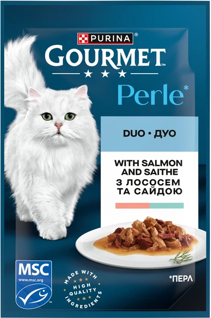 Упаковка влажного корма для котов Purina Gourmet Perle Duo с лососем и сайдой мини филе в подливке 26 шт по 85 г (7613287601889 / 8445291188235) - Фото 3 Упаковка влажного корма для котов Purina Gourmet Perle Duo с лососем и сайдой мини филе в подливке 26 шт по 85 г (7613287601889 / 8445291188235) - изображение 3