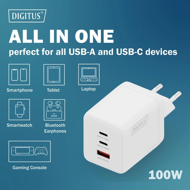 Зарядное устройство Digitus 2xUSB-C + 1xUSB-A GaN 100W (DA-10304) - Фото 6 Зарядное устройство Digitus 2xUSB-C + 1xUSB-A GaN 100W (DA-10304) - изображение 6