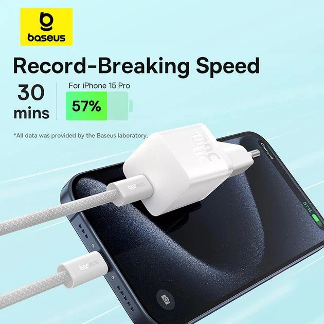Мережевий зарядний пристрій 30W Baseus GaN5 Fast Charger(mini) Type-C швидка зарядка PD + кабель Fast Charging Data Cable Type-C to Type-C 100W 1m (P10110902213-00) Moon White - зображення 3