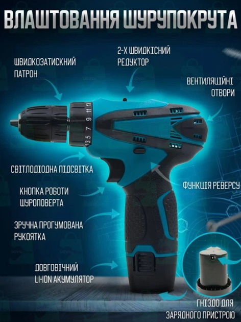 Аккумуляторная дрель-шуруповерт 12V с двумя аккумуляторами, кейсом и набором насадок 24 предмета голубой - изображение 5