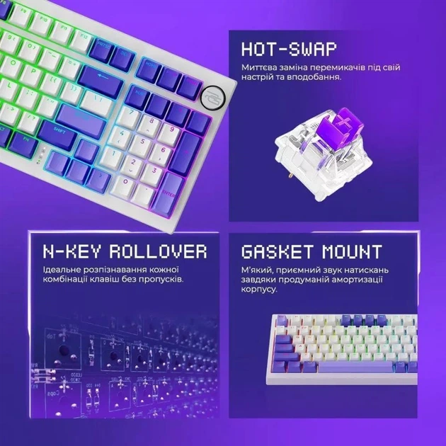 Бездротова клавіатура Proove Gaming Slicker Special Edition Black-purple ENG + UA, 4000mAh, Hot-Swap, RGB, 2.4GHz/Bluetooth/USB - изображение 8